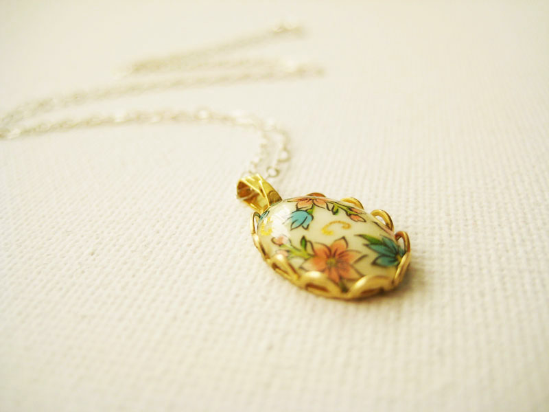 Sterling Silver Necklace With Vintage Glass Floral Cabochon - Scented Garden